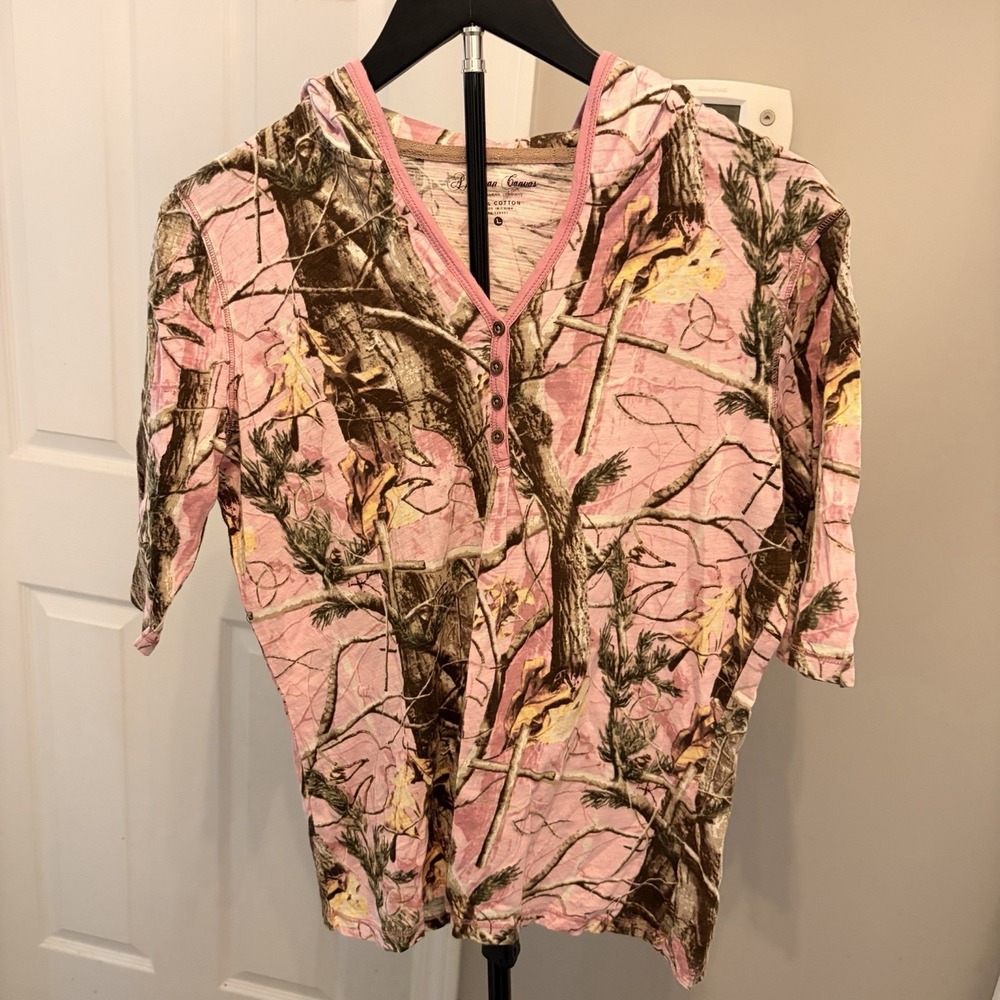 American Canvas Pink Camo Henley Hoodie Top Women's Size L Country Streetwear